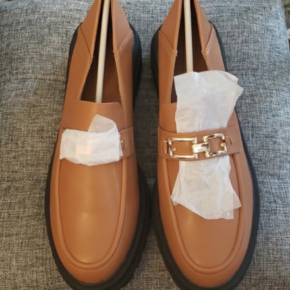 Viandso Platform Chain Round Toe Chunky Penny Loafers Tan Size 9.5 - Picture 2 of 8